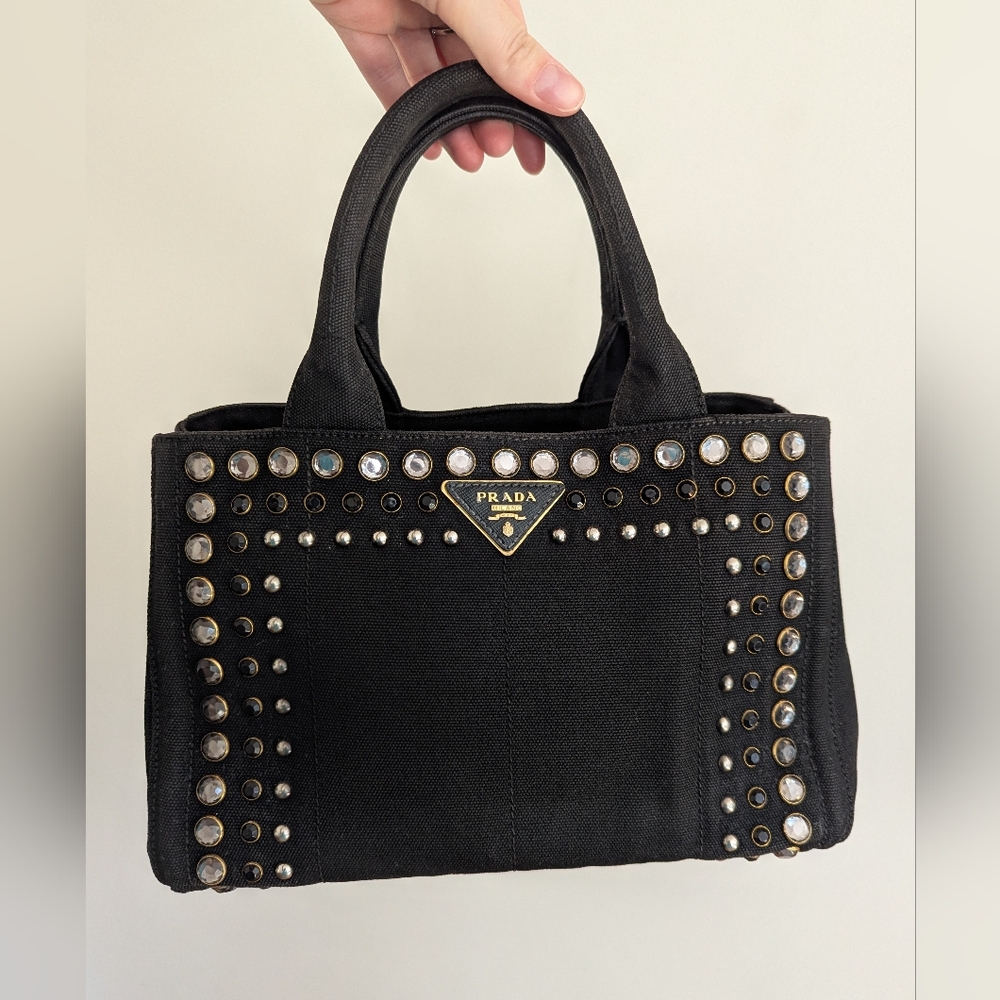 Black Prada Canapa Studded & Rhinestone Bag